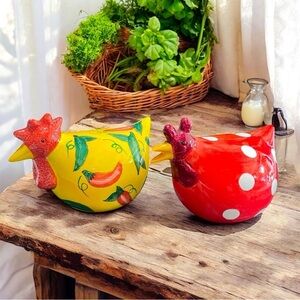 Rooster & Hen Chili Peppers & polka dot Hand Painted ceramic figurine VTG, farm